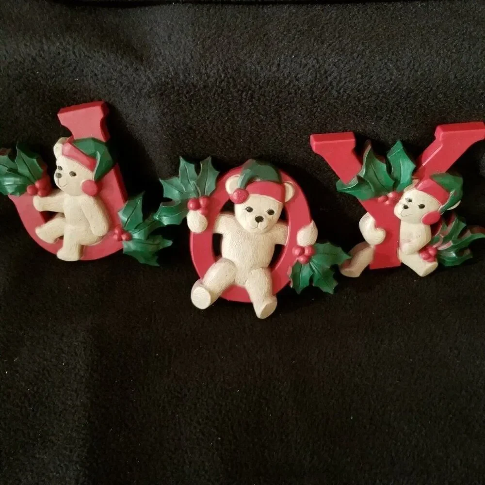 Vintage 80s Homco 1054 Christmas Joy Bears Holly Wall Hanging Plaque